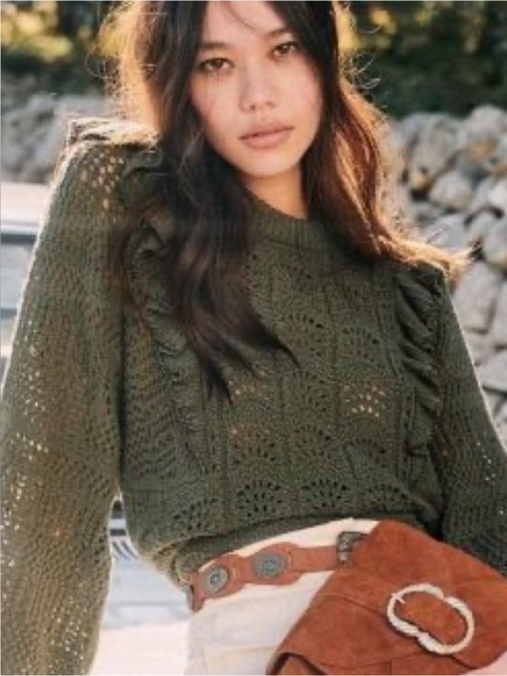 Sezane Jodie jumper Olive Cable Knit Ruffle Sweater Size S